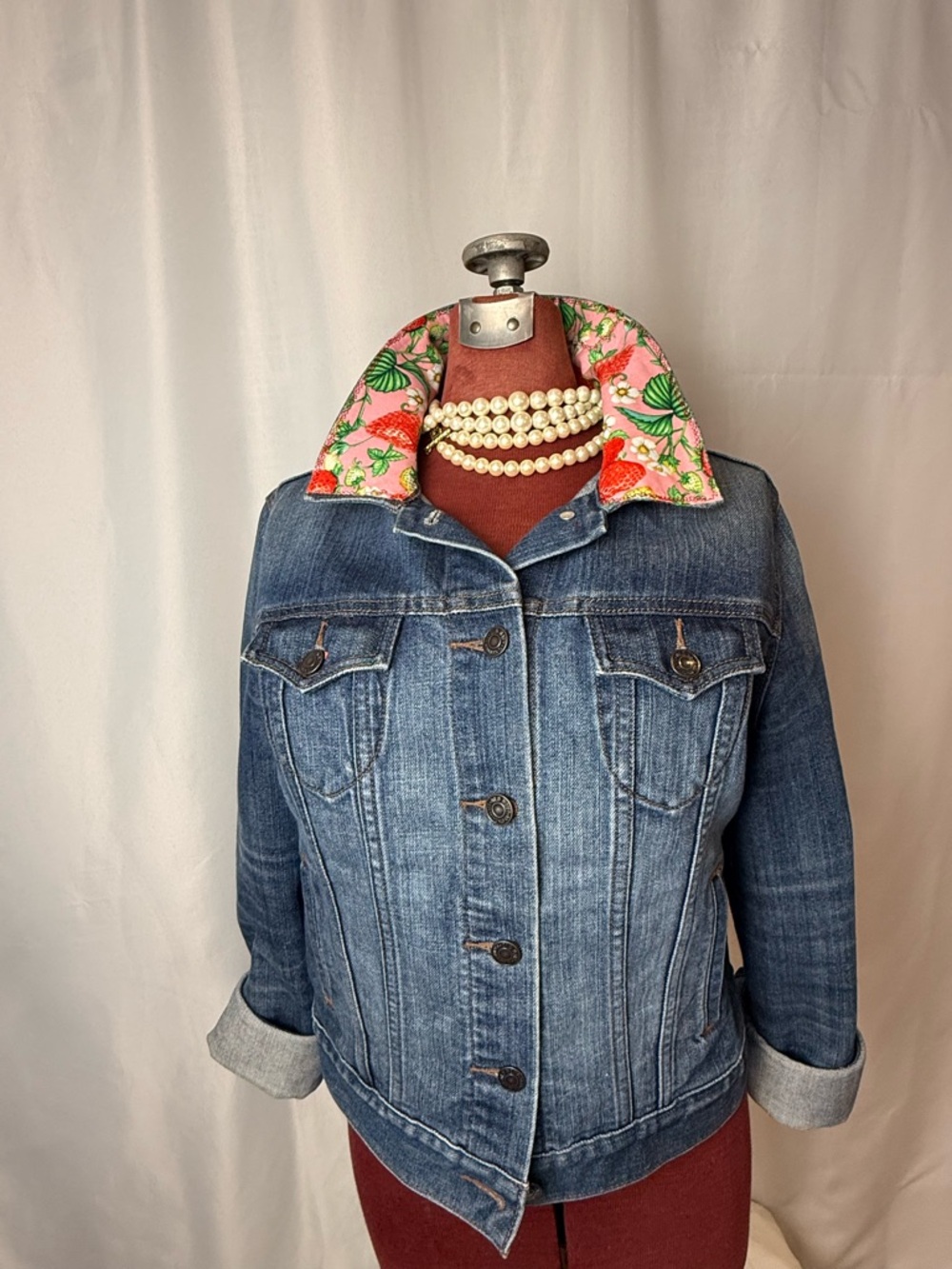 UPCYCLED Old Navy Denim Jacket with Pink Strawberry (measurements in photos)